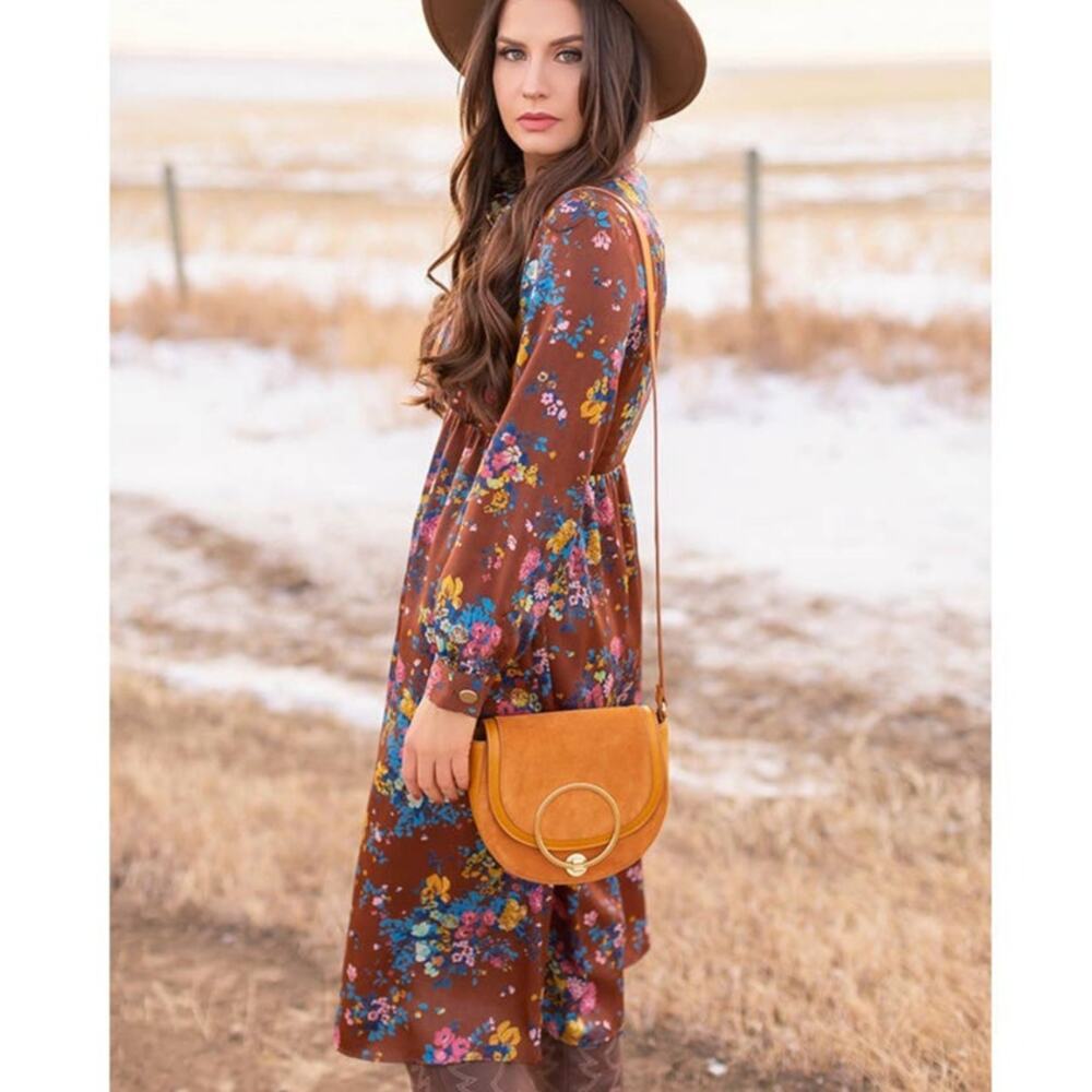 NEW ZARA Collar Tie Satin Effect Brown Midi Dress in Retro Floral Print SZ S